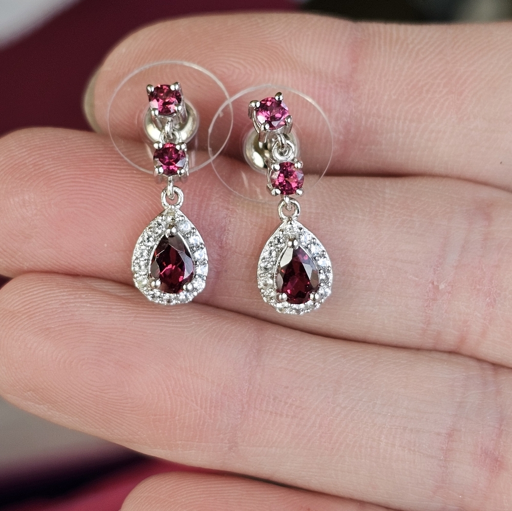 Tanzanian Wine Garnet & White Zircon Earrings in Rhodium & Sterling Silver 2 Cts - Picture 6 of 8